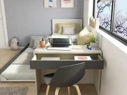 Vente-unique Bed Met Slaaplade-Uitschuifbaar Bed 90 X 200 En 90 X 190 Cm - Met Bureau - Kleur: Naturel En Antraciet + Matras + Bedbodem - Vouani