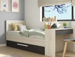 Vente-unique Bed Met Slaaplade-Uitschuifbaar Bed 2 X 90 X 200 Cm - Met Bureau - Kleur: Naturel En Antraciet + Bedbodem - Vouani