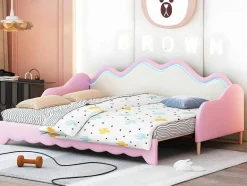 ModernLuxe Bed Met Slaaplade-Uitschuifbaar Onderschuifbed 90(180)X190 Cm - In Kunstleer - Met Led-Verlichting En Lattenbodem - Roze