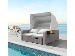 ModernLuxe Ligstoel-Uitschuifbaar Tuinmeubel - Pe Rotan Loungebank Met Verstelbare Luifel - Stalen Structuur - Taupe