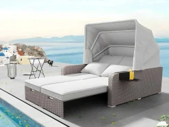 ModernLuxe Ligstoel-Uitschuifbaar Tuinmeubel - Pe Rotan Loungebank Met Verstelbare Luifel - Stalen Structuur - Taupe