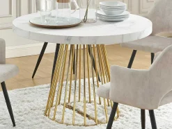 Vente-unique Eettafel-Uitschuifbare Eettafel 2 Tot 12 Plaatsen Van Mdf En Staal - Wit Marmereffect En Goud - Firela