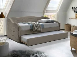 Vente-unique Bed Met Slaaplade-Uitschuifbare Slaapbank 2 X 90 X 190 Cm - Velours - Beige + Matras - Lenvia