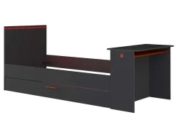Vente-unique Bed Met Slaaplade-Uitschuifbed 90 X 200 En 90 X 190 Cm - Met Bureau - Ledverlichting - Antraciet En Rood + Matras + Bedbodem - Vouani