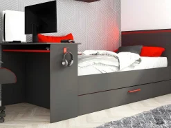 Vente-unique Bed Met Slaaplade-Uitschuifbed 90 X 200 En 90 X 190 Cm - Met Bureau - Ledverlichting - Antraciet En Rood + Matras + Bedbodem - Vouani