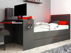 Vente-unique Bed Met Slaaplade-Uitschuifbed 90 X 200 En 90 X 190 Cm - Met Bureau - Ledverlichting - Antraciet En Rood + Matras + Bedbodem - Vouani