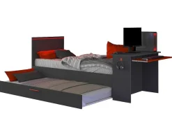 Vente-unique Bed Met Slaaplade-Uitschuifbed 90 X 200 En 90 X 190 Cm - Met Bureau - Ledverlichting - Antraciet En Rood + Matras + Bedbodem - Vouani