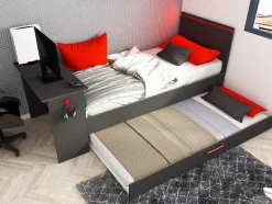 Vente-unique Bed Met Slaaplade-Uitschuifbed 2 X 90 X 200 Cm - Met Bureau - Ledverlichting - Antraciet En Rood - Vouani
