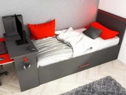 Vente-unique Bed Met Slaaplade-Uitschuifbed 2 X 90 X 200 Cm - Met Bureau - Ledverlichting - Antraciet En Rood - Vouani