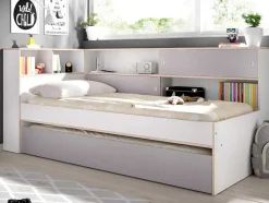 Vente-unique Bed Met Slaaplade-Uitschuifbed Met Slaaplade - Wit En Grijs + Bedbodem + Matras - Losiana
