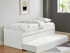 Vente-unique Bed Met Slaaplade-Uitschuifbed Titouan Met 3 Lades - Mdf En Dennenhout - Wit + Matras