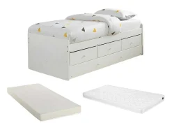 Vente-unique Bed Met Slaaplade-Uitschuifbed Titouan Met 3 Lades - Mdf En Dennenhout - Wit + Matras