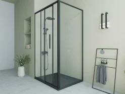 Shower & Design Douchewand-Vast Douchescherm Met Schuifdeur Met Industriele Stijl - Mat Zwart - 120 X 80 X 195 Cm - Toroni