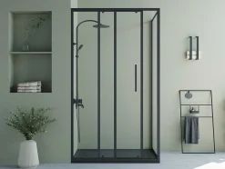 Shower & Design Douchewand-Vast Douchescherm Met Schuifdeur Met Industriele Stijl - Mat Zwart - 120 X 80 X 195 Cm - Toroni