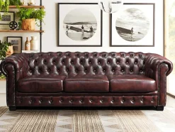 LINEA SOFA Chesterfield Zitbank-Vierzits Chesterfieldbank Brenton 100% Buffelleer - Cherry