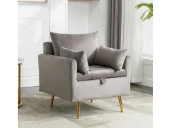 ModernLuxe Fauteuil Stof Fluweel / Suedine-Vipi Fauteuil In Fluwelen Stof Met Opbergruimte En Kussen - Poten Van Goudkleurig Metaal - Grijs