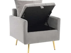 ModernLuxe Fauteuil Stof Fluweel / Suedine-Vipi Fauteuil In Fluwelen Stof Met Opbergruimte En Kussen - Poten Van Goudkleurig Metaal - Grijs