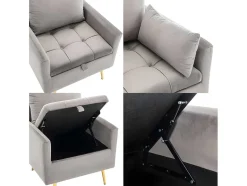 ModernLuxe Fauteuil Stof Fluweel / Suedine-Vipi Fauteuil In Fluwelen Stof Met Opbergruimte En Kussen - Poten Van Goudkleurig Metaal - Grijs
