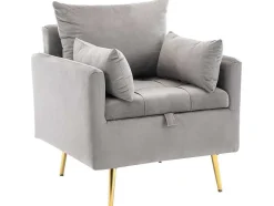 ModernLuxe Fauteuil Stof Fluweel / Suedine-Vipi Fauteuil In Fluwelen Stof Met Opbergruimte En Kussen - Poten Van Goudkleurig Metaal - Grijs