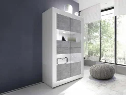 Vente-unique Boekenkast & Vitrine-Vitrinekast Comete - Met Ledverlichting - Vier Deuren - Wit Gelakt En Beton