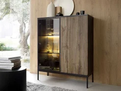 Vente-unique Boekenkast & Vitrine-Vitrinekast Met 2 Deurtjes Met Ledverlichting Van Mdf En Gerookt Glas - Zwart En Naturel - Ovila