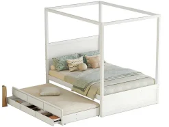ModernLuxe Bed Met Slaaplade-Volwassen Bed 140X200Cm - Hemelbed Met Onderschuifbed En 3 Lades - Wit