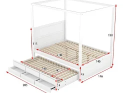 ModernLuxe Bed Met Slaaplade-Volwassen Bed 140X200Cm - Hemelbed Met Onderschuifbed En 3 Lades - Wit