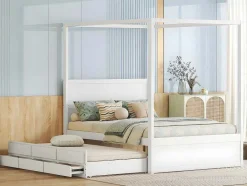 ModernLuxe Bed Met Slaaplade-Volwassen Bed 140X200Cm - Hemelbed Met Onderschuifbed En 3 Lades - Wit
