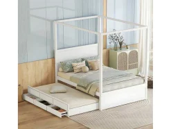 ModernLuxe Bed Met Slaaplade-Volwassen Bed 140X200Cm - Hemelbed Met Onderschuifbed En 3 Lades - Wit