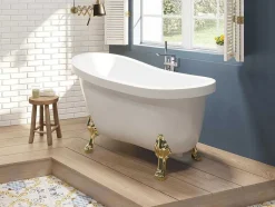 Shower & Design Vrijstaand Bad Op Pootjes-Vrijstaand Retrobad Met Gouden Leeuwenpoten - 200 L - 145 X 74 X 77 Cm - Wit - Nisos Ii