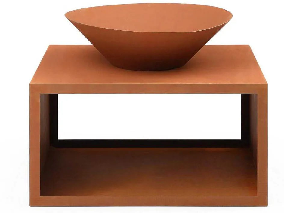 Vente-unique Buitenkeuken-Vuurkorf Van Staal Corten Met Bergruimte Voor Hout - L90 X H67,5 X D75 Cm - Bezio