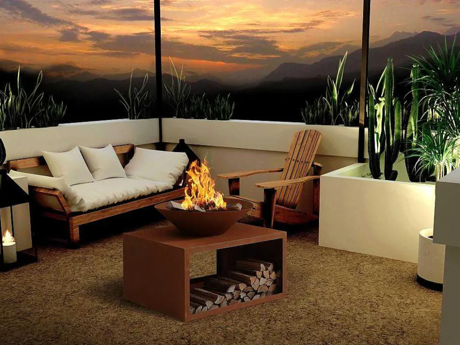 Vente-unique Buitenkeuken-Vuurkorf Van Staal Corten Met Bergruimte Voor Hout - L90 X H67,5 X D75 Cm - Bezio