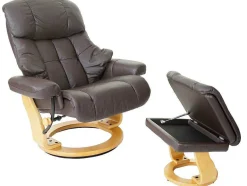 Vente-unique Fauteuil Leer-Windsor Xxl Relaxfauteuil Met Kruk, Bruin, Natuurlijk Bruin