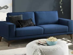 Vente-unique Scandinavisch-Zitbank 3 Plaatsen In Donkerblauwe Stof Met Houten Poten Mossea