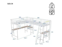 Vente-unique Kinderbed Hoogslaper-2-Zits Tussenbed - 2 X 90 X 200 Cm - Met Hoekbureau En Ladders - Metaal - Wit