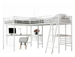 Vente-unique Kinderbed Hoogslaper-2-Zits Tussenbed - 2 X 90 X 200 Cm - Met Hoekbureau En Ladders - Metaal - Wit