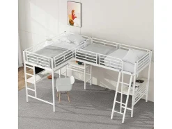 Vente-unique Kinderbed Hoogslaper-2-Zits Tussenbed - 2 X 90 X 200 Cm - Met Hoekbureau En Ladders - Metaal - Wit