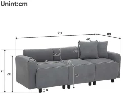 ModernLuxe Driezitsbank-3-Zitsbank In Chenille-Stof Met 2 Kussens - Slaaphoogte 211 Cm - Grijs