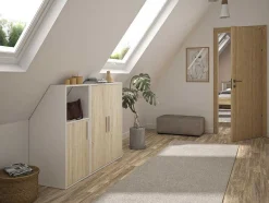 Vente-unique Kleine Opberger En Slaapkameraccessoire-Zolderkast 3 Deuren En 1 Opbergvak - Wit En Houtlook - Adezio