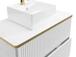 Vente-unique Badkamermeubel Met Enkele Wastafel-Zwevend, Geribbeld Badkamermeubel Met Goudkleurige Randen En Opzetwastafel - Wit - 80 Cm - Keliza