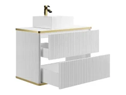 Vente-unique Badkamermeubel Met Enkele Wastafel-Zwevend, Geribbeld Badkamermeubel Met Goudkleurige Randen En Opzetwastafel - Wit - 80 Cm - Keliza